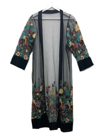 Women Floral Embroidered Mesh Long Jacket Cardigan Casual Coats Beach One Size Black