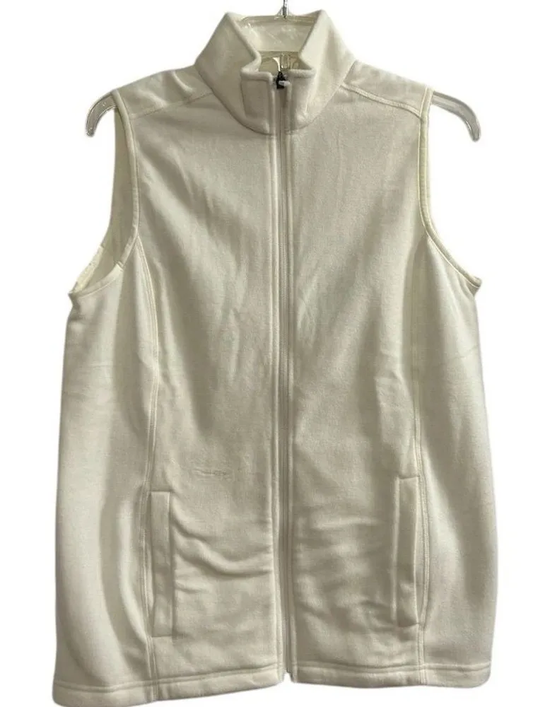 Lands' End Women's Ivory Fleece Zip-Up Vest Size S Casual Fall Side Pockets