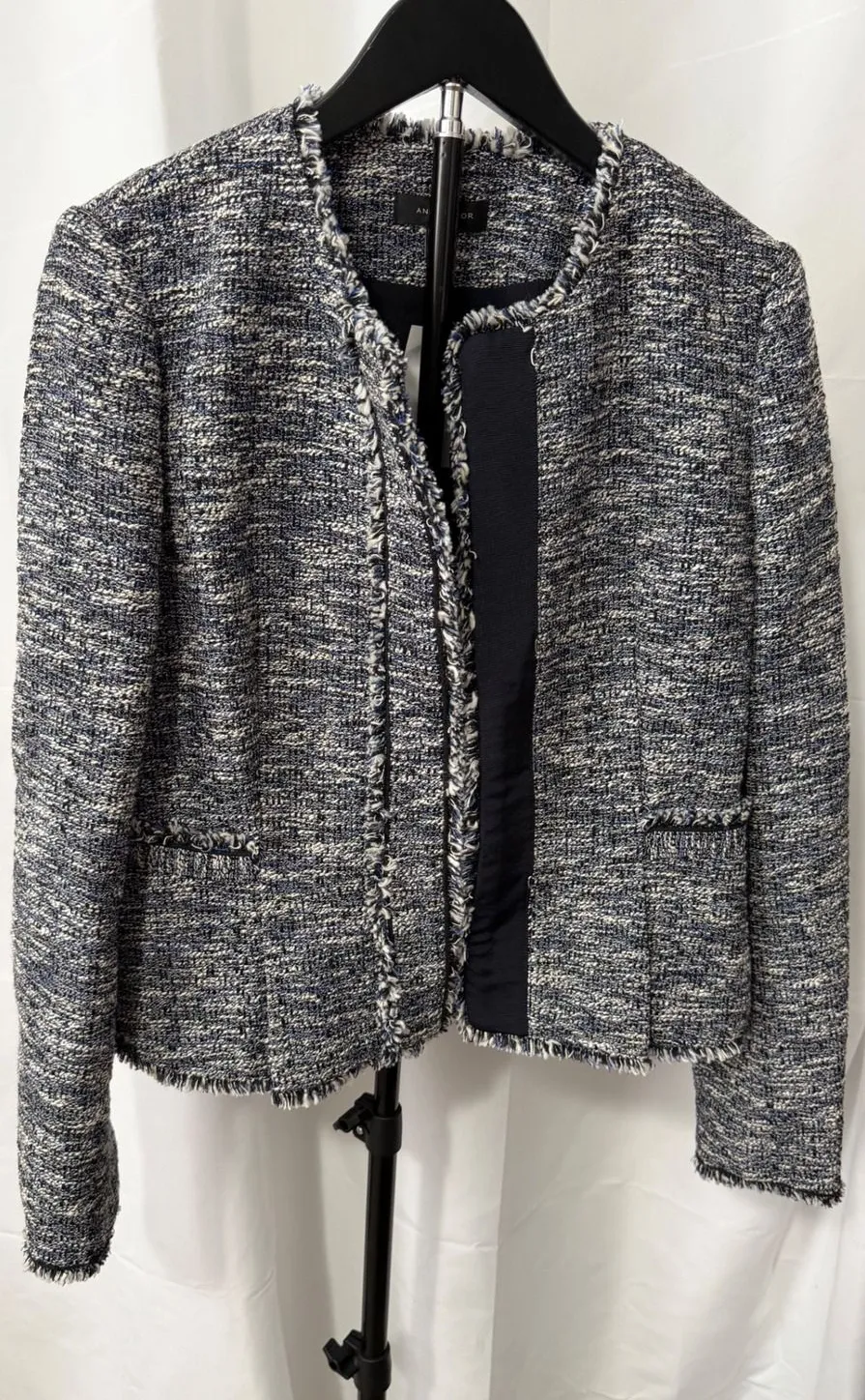 Ann Taylor Blue Tweed Fringe Trim Open Front Collarless Blazer Jacket Womens 6