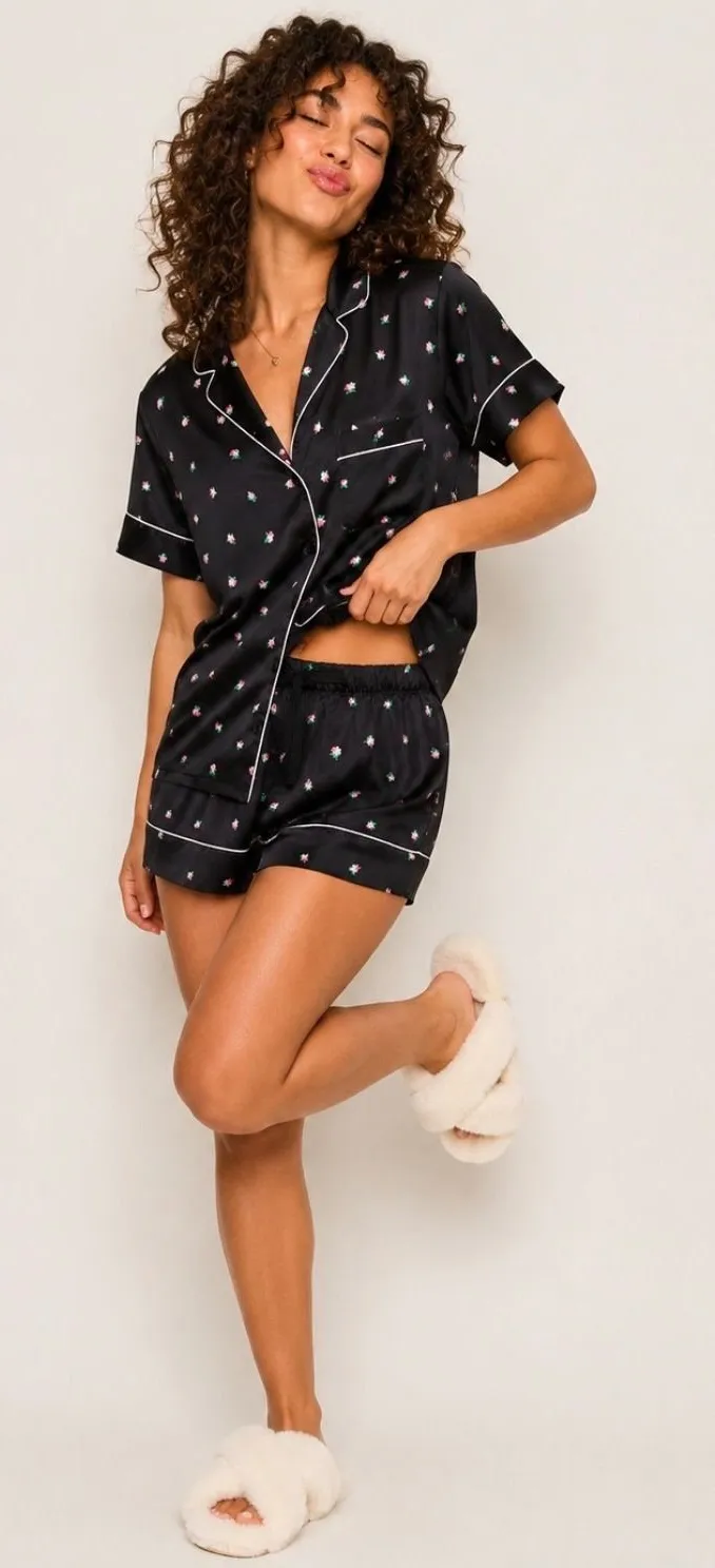 Victoria's Secret Black Satin Rosebud Floral Short Pajama Set Size M Pink Piping