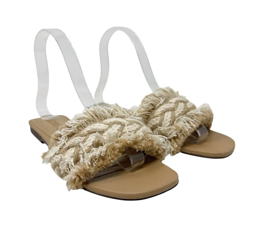 Schutz Adelia Braided Raffia Slide Sandals Fringe Natural Women's 7.5B