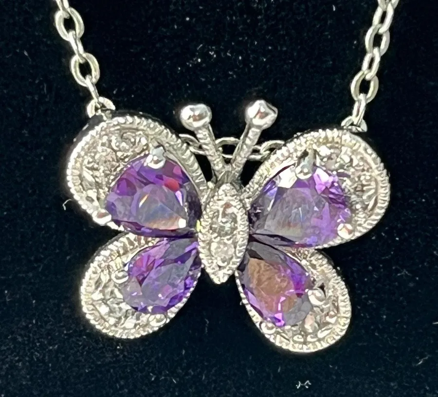 Butterfly Pendant Necklace Purple Glass CZ 18" Silver Tone Chain Dainty Sparkly