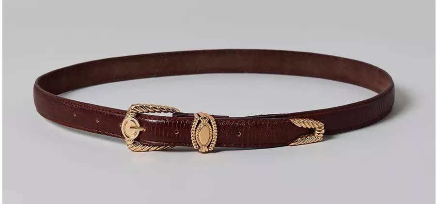 Urban Outfitters Leather Belt Womens L Western Lizard Embossed Brown Gold Buckle