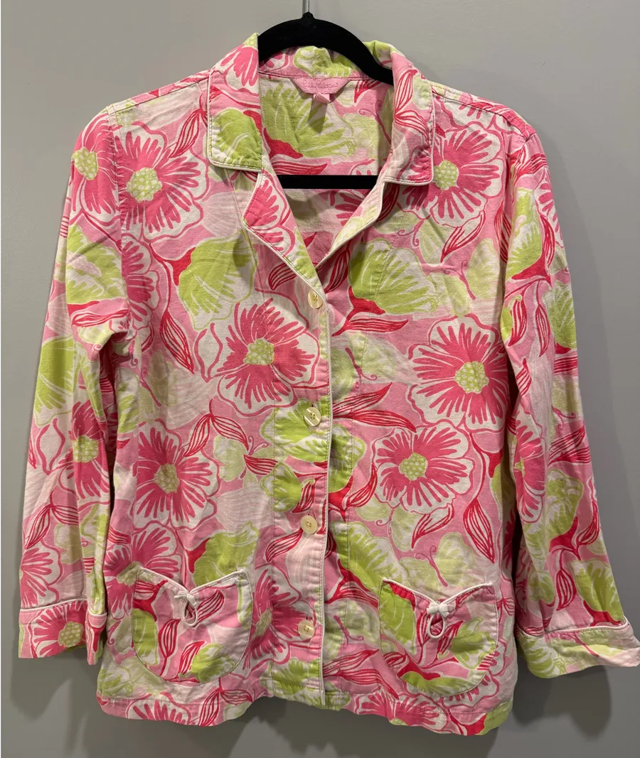 Lilly Pulitzer Floral Print Button-Down Bow Detail Long Sleeve Pajama Top Pink and Green