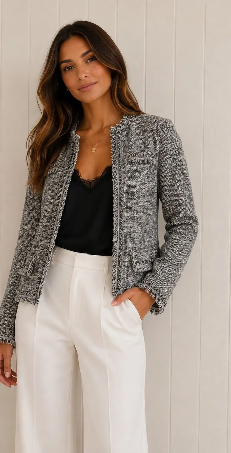 Metrostyle Women 20 Black White Tweed Fringe Open Front Blazer Jacket Plus Size Size undefined
