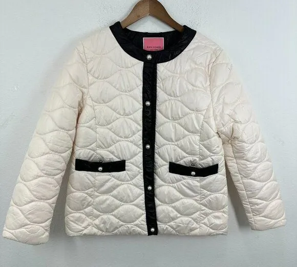 Kate Spade Quilted Puffer Coat Jacket Ivory Black Trim Pearl Buttons Size L