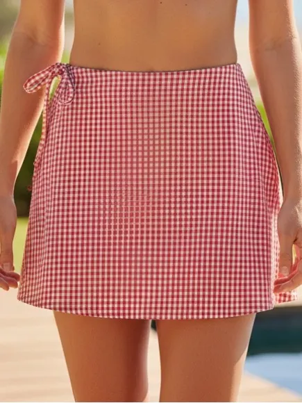 Shade & Shore Red Gingham Tie-Waist Swim Coverup Skirt