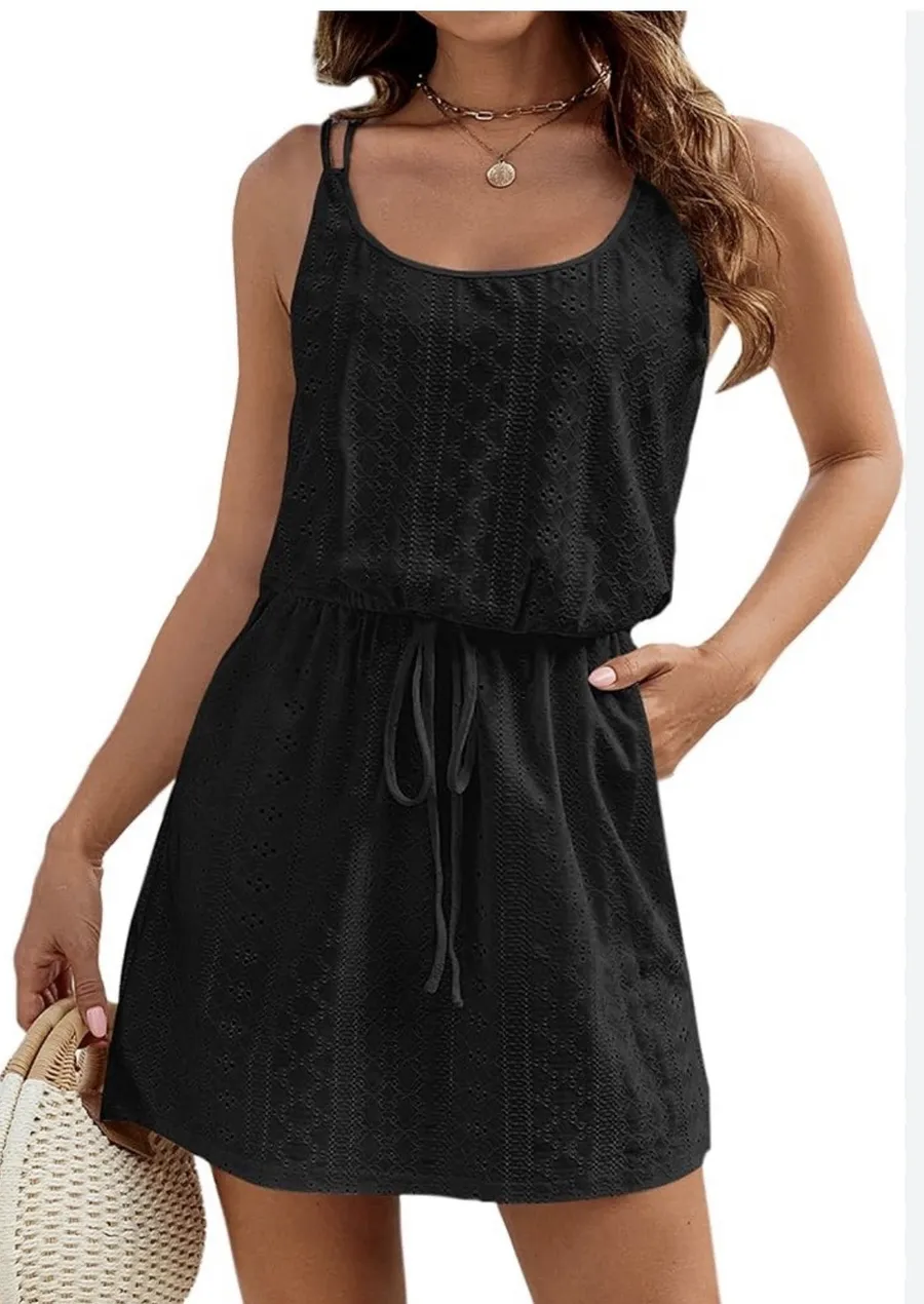 Beta Brand Black Swimsuit Cover Up Large Hollow Out Snap Drawstring NEW