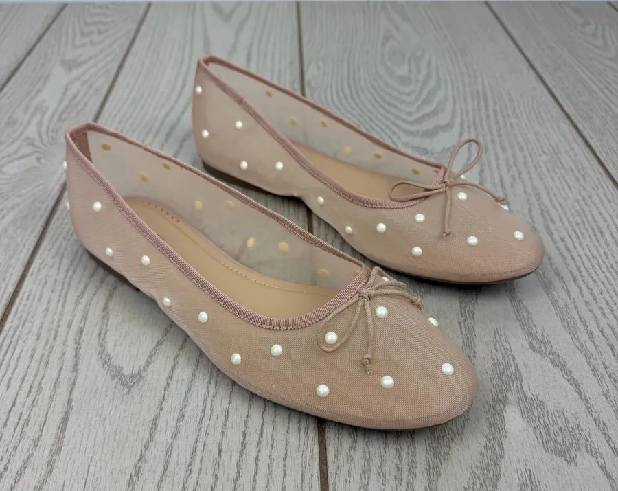 On 34th Women's Friyaa Mesh Ballet Flats 9M Nude White Pearl $69.50 Tan Size 9