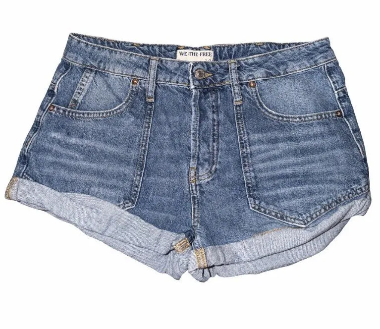 Free People We The Free Beginners Luck Button Fly Slouch Denim Shorts Blue Sz 28