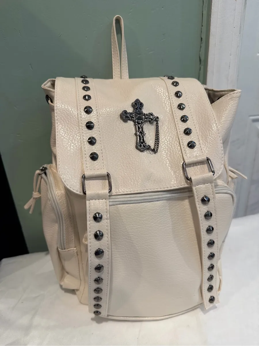 Beige Studded Cross Accent Backpack