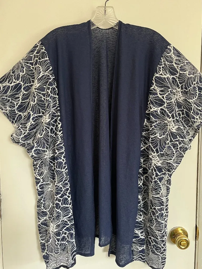 Mia & Tess One Size Navy Kimono Open Swim Cover Up White On Lace Blue