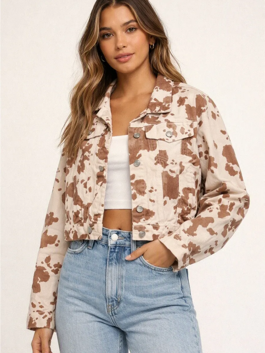 Altar’d State Cow Print Denim Fringe Jacket | EUC Large Fit XL