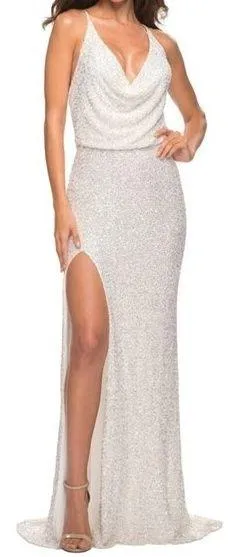 LA FEMME Sequin Sleeveless Gown in White Size US 10