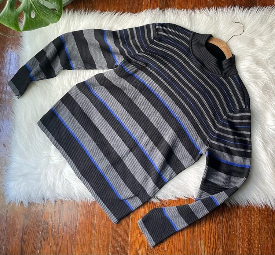 Charcoal Grey & Blue Stripe Mock Neck Sweater 100% cotton