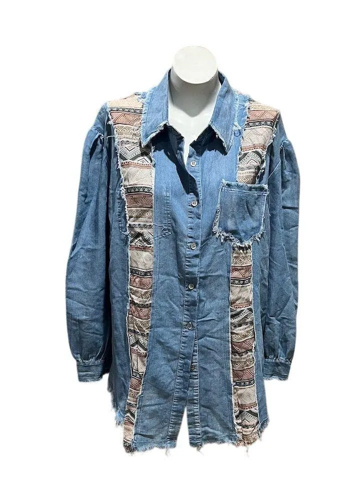 POL Women's Vintage Denim Patchwork Jacket Blue Size L Casual