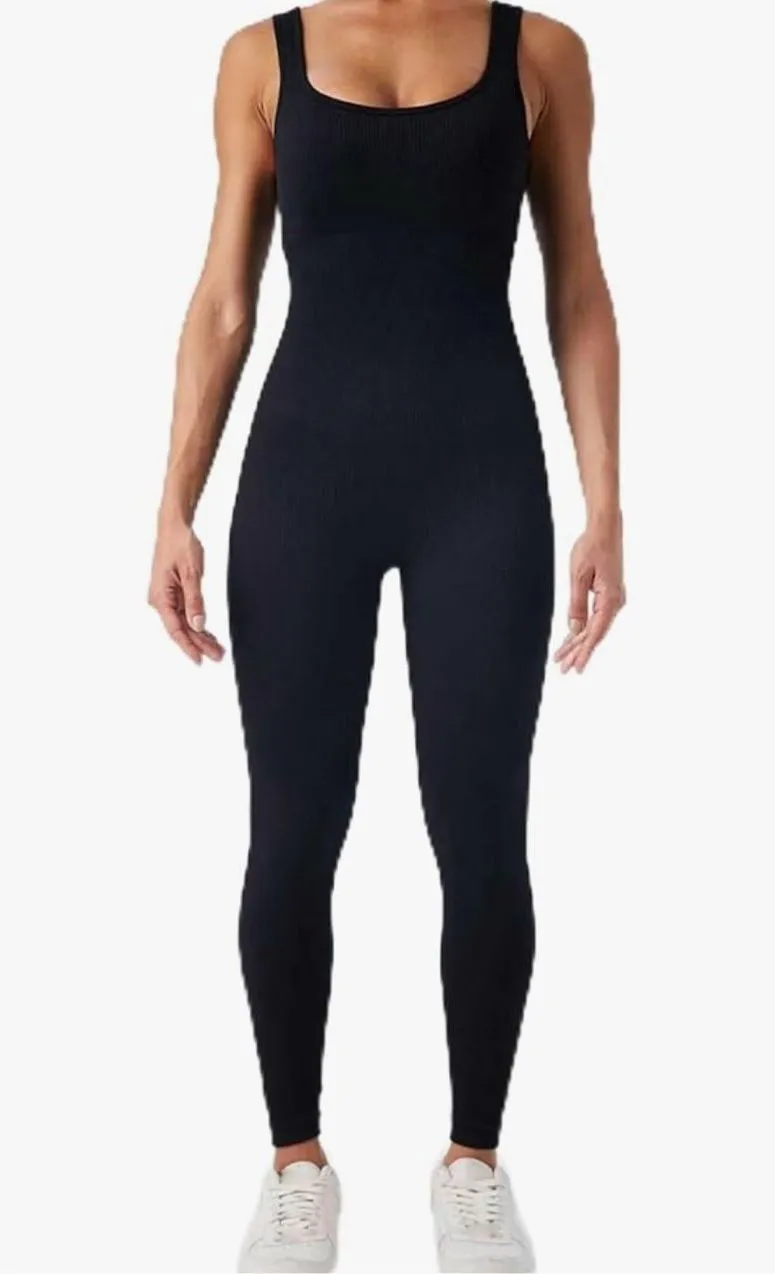 NEW Black Yoga Ribbed Seamless 1 Pc Tank Jumpsuits L Size L