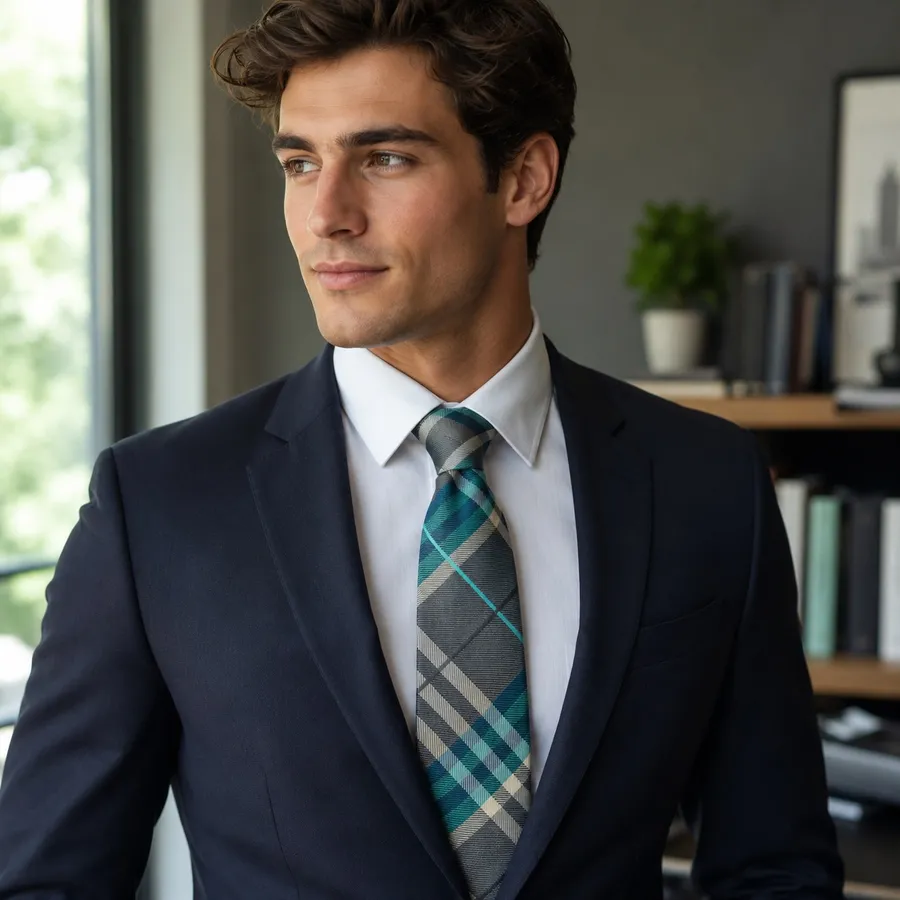 Geoffrey Beene 100% Silk Plaid Neck Tie Gray Blue Teal Classic Men’s Necktie