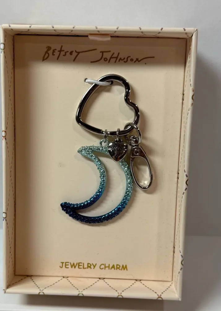 Betsey Johnson Blue Crystal Crescent Moon Heart Keychain Charm – NIB