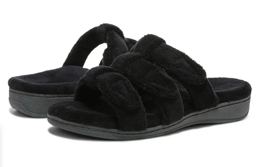 Vionic Snooze Slipper Sandal Black Fluffy Size 12