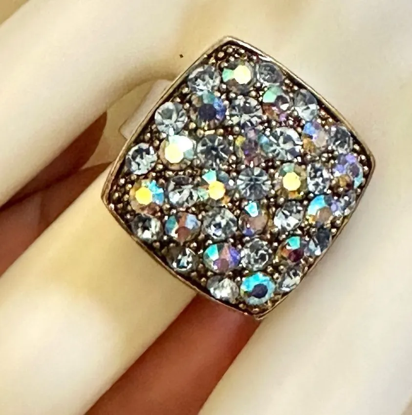 Silver tone rhinestone square adjustable ring