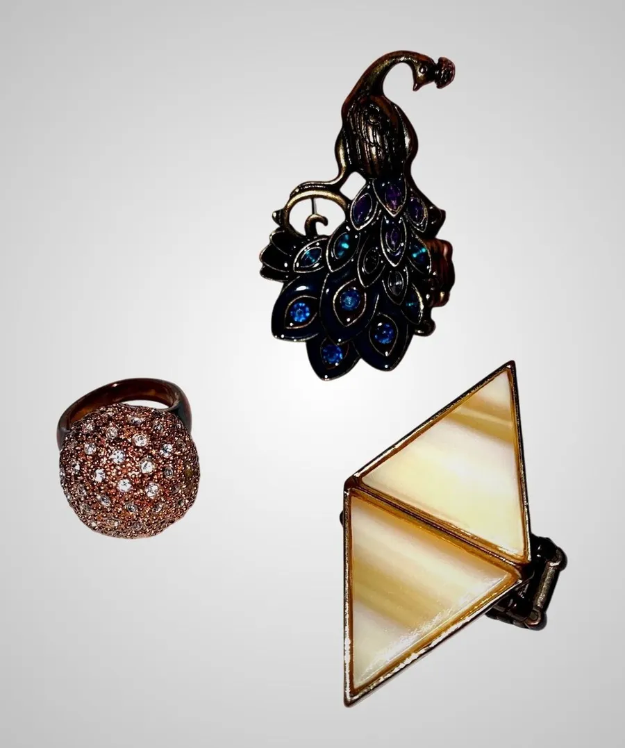 Lot of 3 Statement Rings Adjustable Bands Peacock Enamel Rhinestone Cocktail Gold