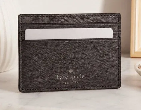 Kate Spade Black Gold Glitter Card Holder Saffiano PVC NWT
