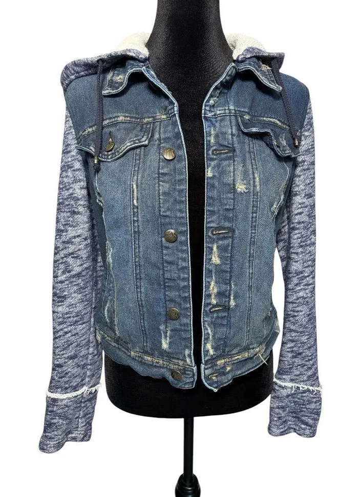 Free People Distressed Denim Jean Jacket W/ Knit Sleeves & Hood