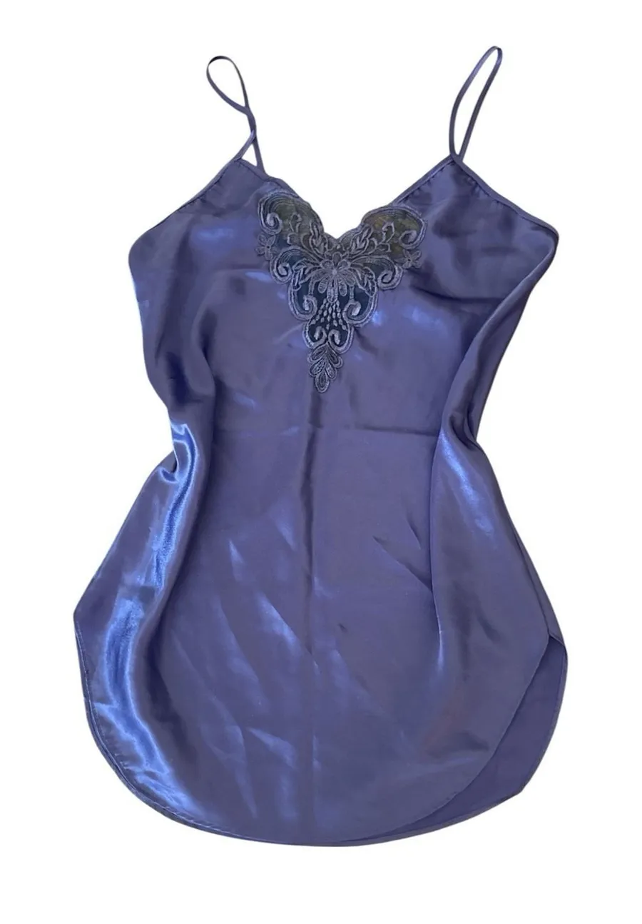 Cinema Etoile Womens Purple Floral Lace Slip Dress Lingerie Satin Silky Vintage Size M