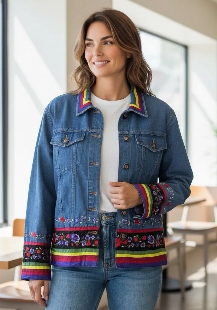 Tantrums Blue Denim Floral Embroidered Button Up Jean Jacket Women's Medium VTG
