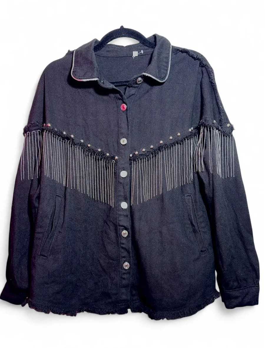 Black Denim Fringe Jacket Studded Western Boho Festival Raw Hem S