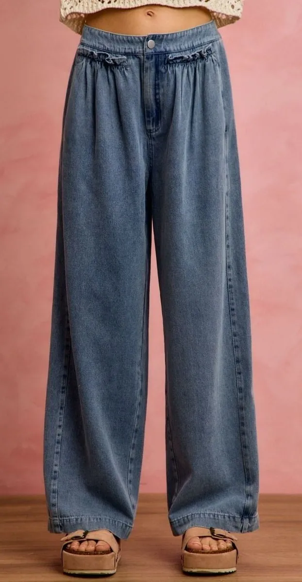 SO ME Mid Rise Ruffled Front Elastic Wide Leg Jeans