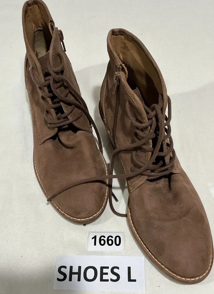 Womans Lucky Brand Drill Brown Leather Lace Up Stacked Heel Bootie 7.5 M