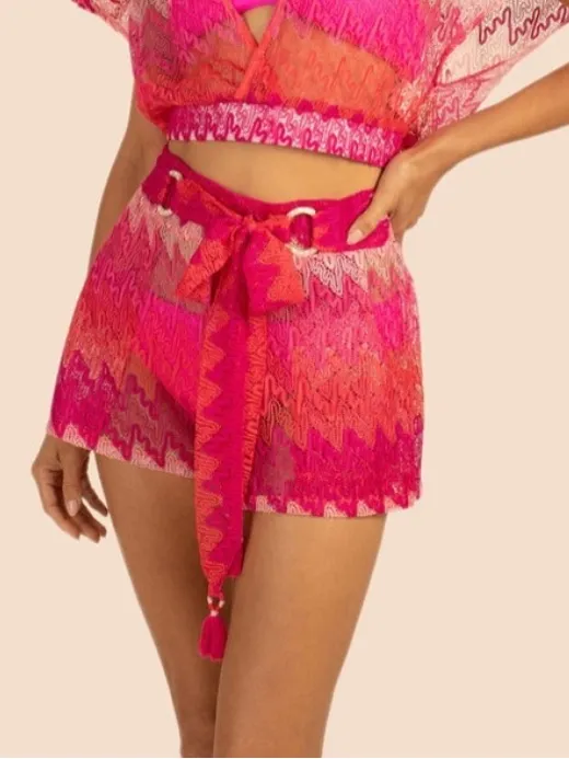 Trina Turk Hot Pink Crochet Beach Shorts & Wrap Top Set