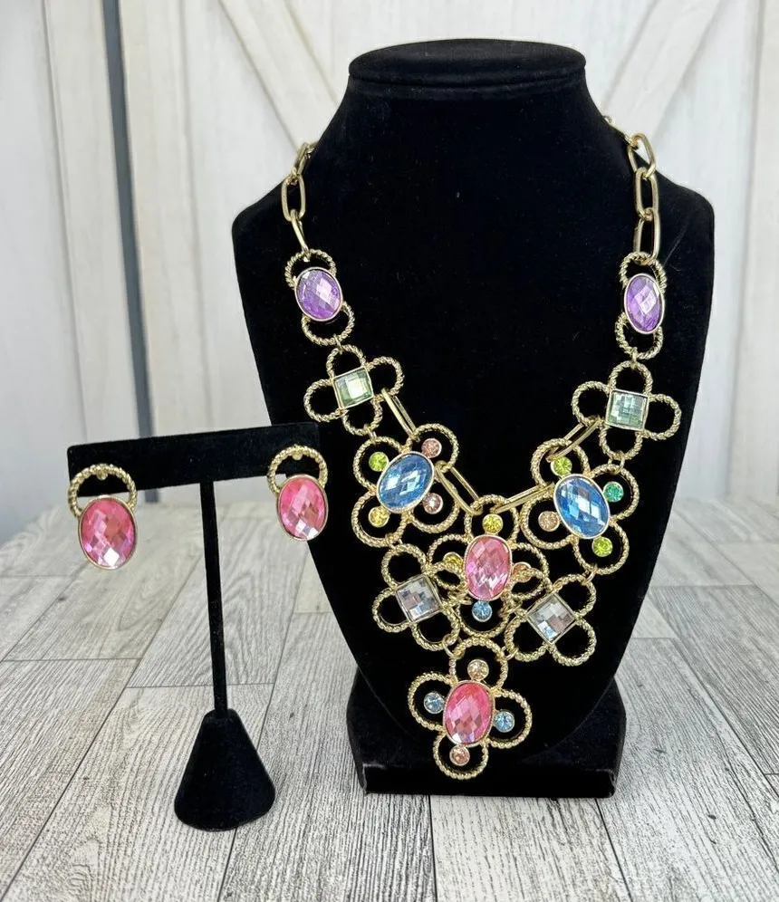 Pastel Gemstone Statement Bib Necklace Earrings Set Rhinestone Soft Girl Gold