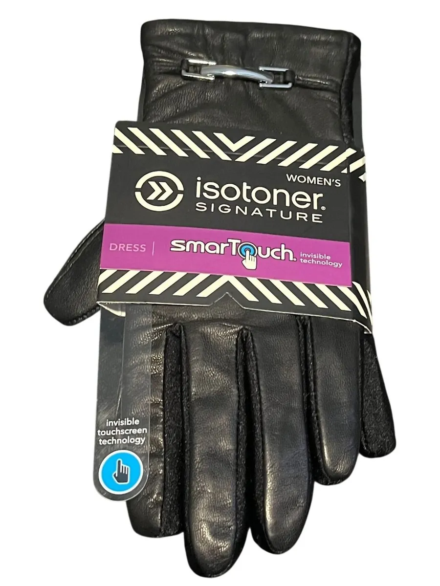 Isotoner Signature Women Black Leather SmarTouch Dress Gloves Silver Bar M/L NEW