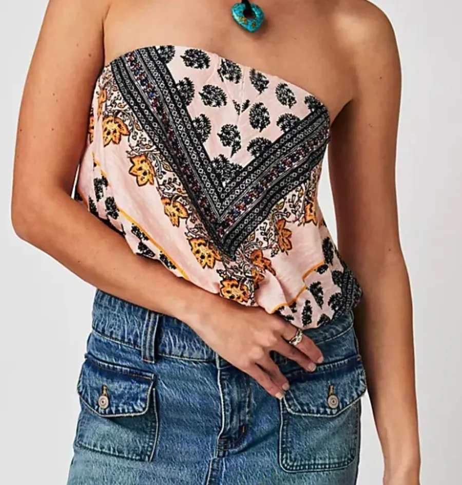 NWOT Free People Borderline pink patterned Tube Top Size XL