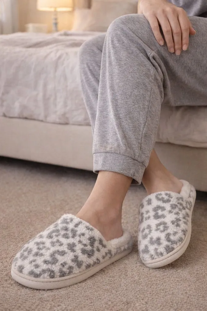 NWT NIP Mirmaru Leopard Print Plush Slippers Cream Gray Size M/L (8–10)