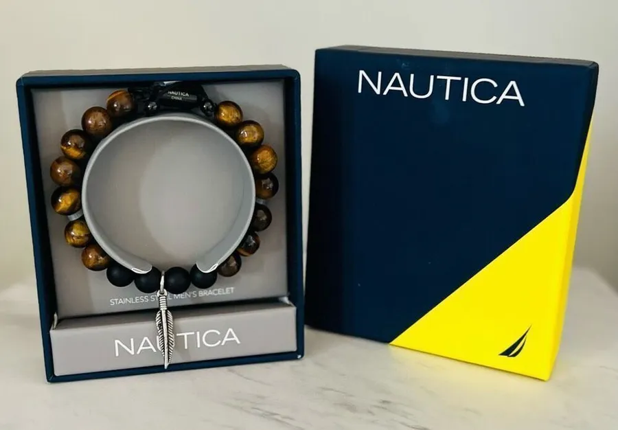 NAUTICA Tiger Eye Beaded Feather Charm Bracelet, Uni Sex, Brown/Black, NWT