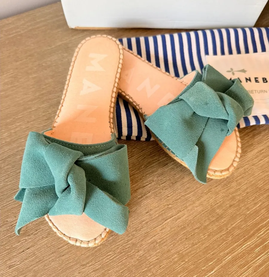 Manebi Suede Bow Slide Sandals Women Teal 36 Green Size 6