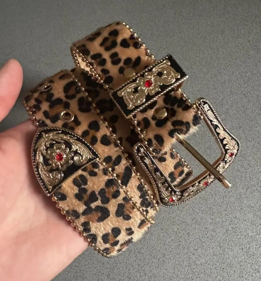 Gold Rhinestone Leopard Print Western Belt