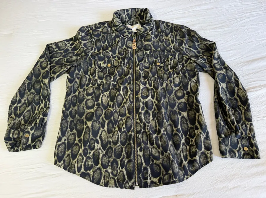Michael Kors Black and Olive Leopard-Print Zip Jacket