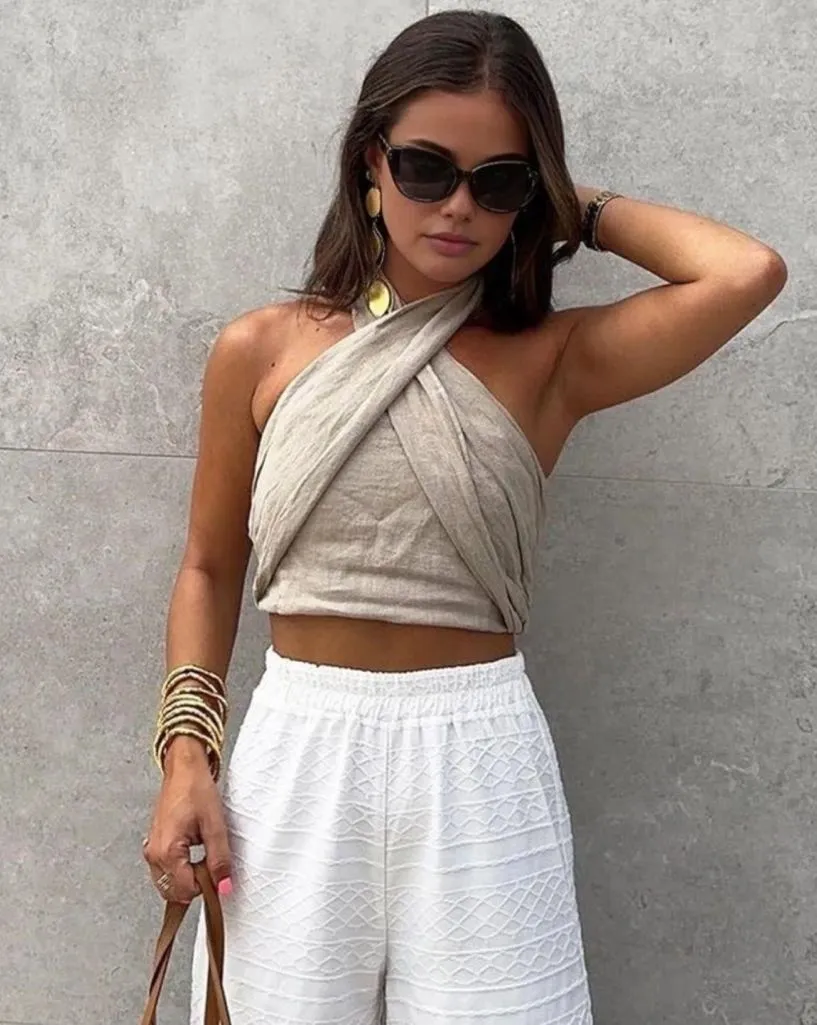 Commense Cotton & Line Crisscross Halter Tank Top size large