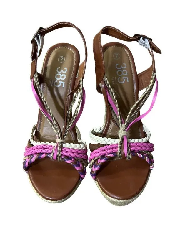 385 Fifth Womens 7 Wedge Sandals Pink Purple Braided Espadrille Resort Heels