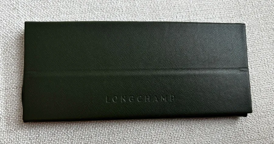 Longchamp Eyeglass Case OS Green Leather Foldable Triangular Designer Accessory