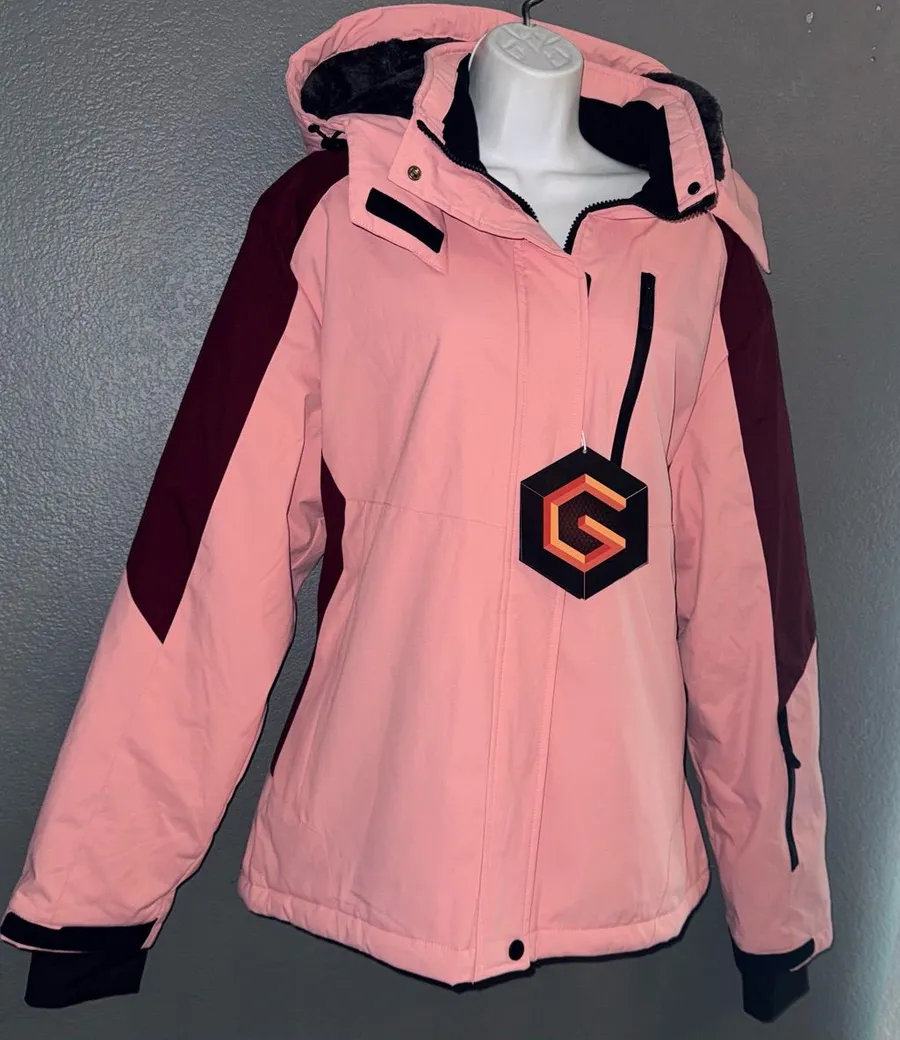 Women's Snow Winter Pink & Burgundy Ski Hooded Warm Jacket New XL