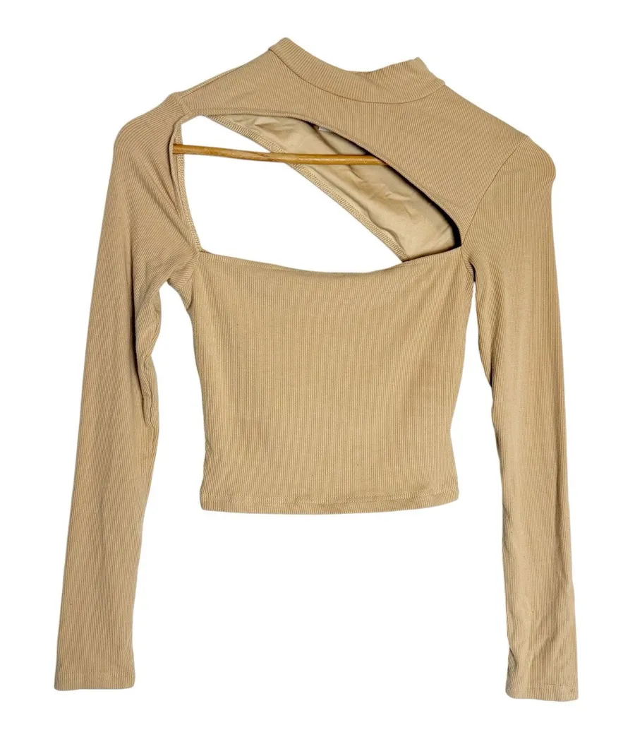 Tiger Mist Tan Beige Long Sleeve Mock Neck Asymmetric Cut Out Rib Cropped Top S