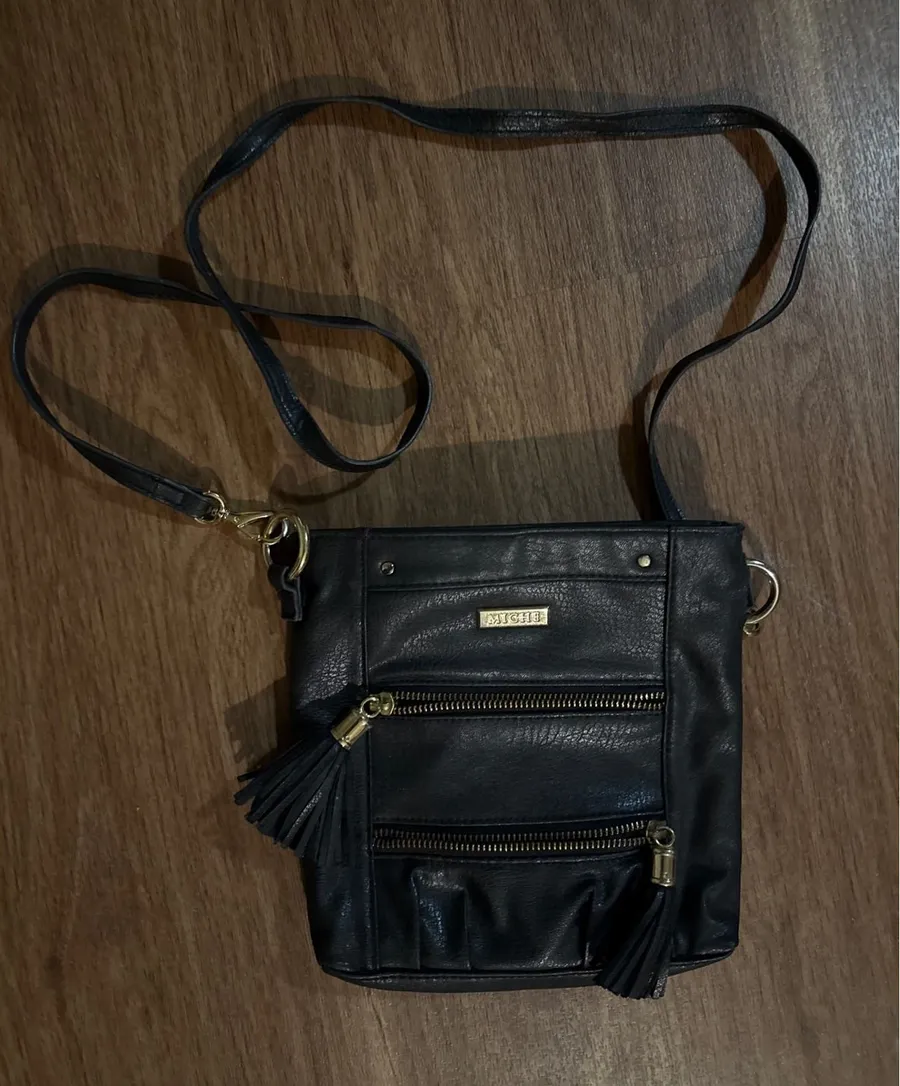 Miche Black Faux Leather Crossbody Bag Gold Hardware Tassel Zippers Small Purse