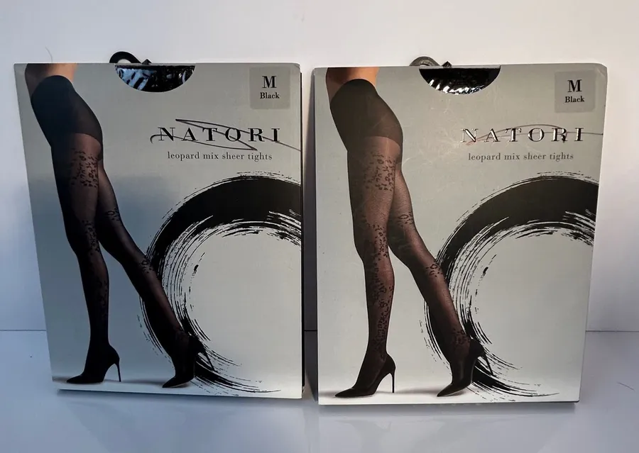 Natori Leopard Mix Sheer Tights Medium Black Luxury Fashion Legwear Set of 2