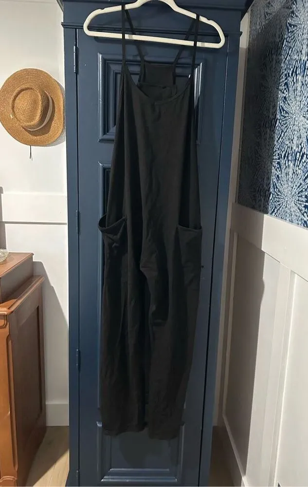 New Jumpsuit Adjustable Strap Overalls Romper Pockets L Black Size L
